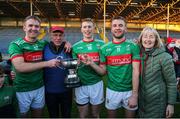 21 November 2021; McGrath brothers, from left, Noel, Brian and John of Loughmore-Castleiney celebrate with their father Pat and mother Mary after the Tipperary County Senior Club Football Championship Final match between Clonmel Commercials and Loughmore-Castleiney at Semple Stadium in Thurles, Tipperary. Photo by Michael P Ryan/Sportsfile