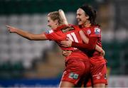 21 November 2021; Ciara Grant, right, celebrates with her Shelbourne team-mate Saoirse Noonan after scoring their first goal during the 2021 EVOKE.ie FAI Women's Cup Final between Wexford Youths and Shelbourne at Tallaght Stadium in Dublin. Photo by Stephen McCarthy/Sportsfile