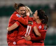 21 November 2021; Ciara Grant, right, celebrates with Shelbourne team-mates Jessica Ziu, left, and Saoirse Noonan after scoring their first goal during the 2021 EVOKE.ie FAI Women's Cup Final between Wexford Youths and Shelbourne at Tallaght Stadium in Dublin. Photo by Stephen McCarthy/Sportsfile