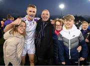 21 November 2021; Man of the Match Paul Mannion of Kilmacud Crokes with his dad Tommy, his aunt Sarah, and his cousins Ciara and Oisín after the Go Ahead Dublin County Senior Club Football Championship Final match between St Jude's and Kilmacud Crokes at Parnell Park in Dublin. Photo by Ray McManus/Sportsfile