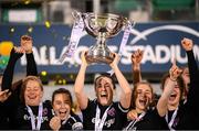 21 November 2021; Wexford Youths captain Kylie Murphy lifts the cup following the 2021 EVOKE.ie FAI Women's Cup Final match between Wexford Youths and Shelbourne at Tallaght Stadium in Dublin. Photo by Stephen McCarthy/Sportsfile