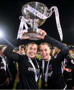 21 November 2021; Orlaith Conlon, left, and Lauren Dwyer of Wexford Youths celebrate with the cup following the 2021 EVOKE.ie FAI Women's Cup Final between Wexford Youths and Shelbourne at Tallaght Stadium in Dublin. Photo by Stephen McCarthy/Sportsfile