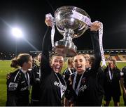 21 November 2021; Orlaith Conlon, left, and Lauren Dwyer of Wexford Youths celebrate with the cup following the 2021 EVOKE.ie FAI Women's Cup Final between Wexford Youths and Shelbourne at Tallaght Stadium in Dublin. Photo by Stephen McCarthy/Sportsfile