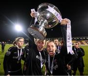 21 November 2021; Orlaith Conlon, left, and Lauren Dwyer of Wexford Youths celebrate with the cup following the 2021 EVOKE.ie FAI Women's Cup Final between Wexford Youths and Shelbourne at Tallaght Stadium in Dublin. Photo by Stephen McCarthy/Sportsfile