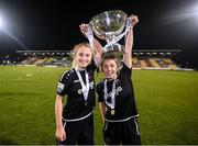 21 November 2021; Wexford Youths players Aoibheann Clancy, left, and Ellen Molloy celebrate with the cup following the 2021 EVOKE.ie FAI Women's Cup Final between Wexford Youths and Shelbourne at Tallaght Stadium in Dublin. Photo by Stephen McCarthy/Sportsfile