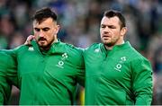 21 November 2021; Ireland players Ronan Kelleher, left, and Cian Healy during the national anthem before the Autumn Nations Series match between Ireland and Argentina at Aviva Stadium in Dublin. Photo by Seb Daly/Sportsfile
