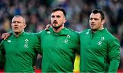 21 November 2021; Ireland players, from left, Keith Earls, Ronan Kelleher and Cian Healy during the national anthem before the Autumn Nations Series match between Ireland and Argentina at Aviva Stadium in Dublin. Photo by Seb Daly/Sportsfile