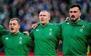 21 November 2021; Ireland players, from left, Craig Casey, Keith Earls and Ronan Kelleher during the national anthem before the Autumn Nations Series match between Ireland and Argentina at Aviva Stadium in Dublin. Photo by Seb Daly/Sportsfile