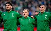21 November 2021; Ireland players, from left, Tom O’Toole, Craig Casey and Keith Earls during the national anthem before the Autumn Nations Series match between Ireland and Argentina at Aviva Stadium in Dublin. Photo by Seb Daly/Sportsfile