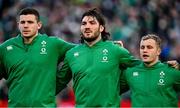 21 November 2021; Ireland players, from left, Nick Timoney, Tom O’Toole and Craig Casey during the national anthem before the Autumn Nations Series match between Ireland and Argentina at Aviva Stadium in Dublin. Photo by Seb Daly/Sportsfile