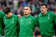 21 November 2021; Ireland players, from left, Garry Ringrose, James Lowe and Caelan Doris during the national anthem before the Autumn Nations Series match between Ireland and Argentina at Aviva Stadium in Dublin. Photo by Seb Daly/Sportsfile