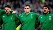 21 November 2021; Ireland players, from left, Harry Byrne, Nick Timoney and Tom O’Toole during the national anthem before the Autumn Nations Series match between Ireland and Argentina at Aviva Stadium in Dublin. Photo by Seb Daly/Sportsfile