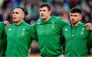 21 November 2021; Ireland players, from left, James Lowe, Caelan Doris and Hugo Keenan during the national anthem before the Autumn Nations Series match between Ireland and Argentina at Aviva Stadium in Dublin. Photo by Seb Daly/Sportsfile
