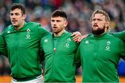 21 November 2021; Ireland players, from left, Caelan Doris, Hugo Keenan and Andrew Porter during the national anthem before the Autumn Nations Series match between Ireland and Argentina at Aviva Stadium in Dublin. Photo by Seb Daly/Sportsfile