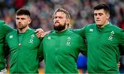 21 November 2021; Ireland players, from left, Hugo Keenan, Andrew Porter and Dan Sheehan during the national anthem before the Autumn Nations Series match between Ireland and Argentina at Aviva Stadium in Dublin. Photo by Seb Daly/Sportsfile