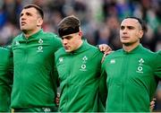 21 November 2021; Ireland players, from left, Tadhg Beirne, Garry Ringrose and James Lowe during the national anthem before the Autumn Nations Series match between Ireland and Argentina at Aviva Stadium in Dublin. Photo by Seb Daly/Sportsfile