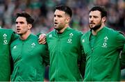 21 November 2021; Ireland players, from left, Joey Carbery, Conor Murray and Robbie Henshaw during the national anthem before the Autumn Nations Series match between Ireland and Argentina at Aviva Stadium in Dublin. Photo by Seb Daly/Sportsfile