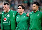 21 November 2021; Ireland players, from left, Peter O’Mahony, Joey Carbery  and Conor Murray during the national anthem before the Autumn Nations Series match between Ireland and Argentina at Aviva Stadium in Dublin. Photo by Seb Daly/Sportsfile
