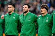 21 November 2021; Ireland players, from left, Conor Murray, Robbie Henshaw and Josh van der Flier during the national anthem before the Autumn Nations Series match between Ireland and Argentina at Aviva Stadium in Dublin. Photo by Seb Daly/Sportsfile