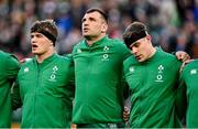 21 November 2021; Ireland players, from left, Josh van der Flier, Tadhg Beirne, Garry Ringrose during the national anthem before the Autumn Nations Series match between Ireland and Argentina at Aviva Stadium in Dublin. Photo by Seb Daly/Sportsfile