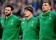 21 November 2021; Ireland players, from left, Robbie Henshaw, Josh van der Flier and Tadhg Beirne during the national anthem before the Autumn Nations Series match between Ireland and Argentina at Aviva Stadium in Dublin. Photo by Seb Daly/Sportsfile