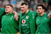 21 November 2021; Ireland players, from left, Tadhg Furlong, Peter O’Mahony and Joey Carbery of Ireland during the national anthem before the Autumn Nations Series match between Ireland and Argentina at Aviva Stadium in Dublin. Photo by Seb Daly/Sportsfile