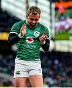 21 November 2021; Craig Casey of Ireland celebrates a try by team-mate Dan Sheehan during the Autumn Nations Series match between Ireland and Argentina at Aviva Stadium in Dublin. Photo by Brendan Moran/Sportsfile