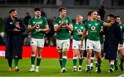 21 November 2021; Ireland players, from left, Ronan Kelleher, Harry Byrne, Caelan Doris and James Lowe applaud the supporters after the Autumn Nations Series match between Ireland and Argentina at Aviva Stadium in Dublin. Photo by Brendan Moran/Sportsfile