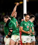 21 November 2021; Ryan Baird of Ireland, third left, celebrates after his side's victory in the Autumn Nations Series match between Ireland and Argentina at Aviva Stadium in Dublin. Photo by Harry Murphy/Sportsfile