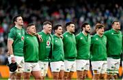 21 November 2021; Ireland players, from left, James Ryan, Tadhg Furlong, Peter O’Mahony, Joey Carbery, Conor Murray, Robbie Henshaw, Josh van der Flier and Tadhg Beirne before the Autumn Nations Series match between Ireland and Argentina at Aviva Stadium in Dublin. Photo by Harry Murphy/Sportsfile