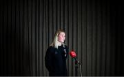 22 November 2021; Éabha O'Mahony speaks to Virgin Media Television during a Republic of Ireland Women media day at Castleknock Hotel in Dublin. Photo by Stephen McCarthy/Sportsfile