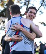 21 November 2021; Emmet Jennings, right, and Paul O'Donnell of Dundrum South Dublin AC, Dublin, after finishing the Senior Men's event during the Irish Life Health National Cross Country Championships at Santry Demense in Dublin. Photo by Ramsey Cardy/Sportsfile
