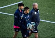 22 November 2021; Ross Byrne, centre, with Jimmy O'Brien and Kicking coach and head analyst Emmet Farrell during a Leinster Rugby squad training at Energia Park in Dublin. Photo by Harry Murphy/Sportsfile