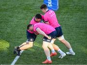 22 November 2021; Thomas Clarkson, left, with Peter Dooley and Joe McCarthy during a Leinster Rugby squad training at Energia Park in Dublin. Photo by Harry Murphy/Sportsfile