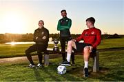 22 November 2021; In attendance during the announcement of the PFA Ireland Award Nominees 2021 are, PFA Ireland Player of the Year Nominees from left, Georgie Kelly of Bohemians, Roberto Lopes of Shamrock Rovers, and Chris Forrester of St Patrick's Athletic, at Castleknock Golf Club in Dublin. Photo by Sam Barnes/Sportsfile