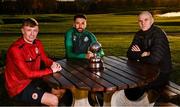 22 November 2021; In attendance during the announcement of the PFA Ireland Award Nominees 2021 are, PFA Ireland Player of the Year Nominees from left, Chris Forrester of St Patrick's Athletic, Roberto Lopes of Shamrock Rovers, and Georgie Kelly of Bohemians at Castleknock Golf Club in Dublin. Photo by Sam Barnes/Sportsfile