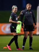 22 November 2021; Denise O'Sullivan, left, and Ruesha Littlejohn during a Republic of Ireland Women training session at the FAI National Training Centre in Abbotstown, Dublin. Photo by Stephen McCarthy/Sportsfile
