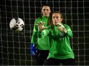 22 November 2021; Goalkeepers Grace Moloney and Megan Walsh, left, during a Republic of Ireland Women training session at the FAI National Training Centre in Abbotstown, Dublin. Photo by Stephen McCarthy/Sportsfile