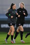 22 November 2021; Jessica Ziu, left, and Aoibheann Clancy during a Republic of Ireland Women training session at the FAI National Training Centre in Abbotstown, Dublin. Photo by Stephen McCarthy/Sportsfile