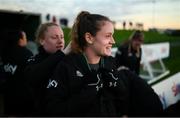 22 November 2021; Heather Payne has her GPS unit fitted by Amber Barrett during a Republic of Ireland Women training session at the FAI National Training Centre in Abbotstown, Dublin. Photo by Stephen McCarthy/Sportsfile