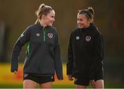 22 November 2021; Jessie Stapleton, left, and Abbie Larkin during a Republic of Ireland Women training session at the FAI National Training Centre in Abbotstown, Dublin. Photo by Stephen McCarthy/Sportsfile