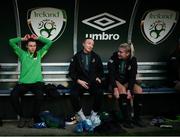 22 November 2021; Goalkeeper Megan Walsh, left, Louise Quinn and Saoirse Noonan, right, during a Republic of Ireland Women training session at the FAI National Training Centre in Abbotstown, Dublin. Photo by Stephen McCarthy/Sportsfile