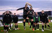 22 November 2021; Diane Caldwell, left, and Denise O'Sullivan during a Republic of Ireland Women training session at the FAI National Training Centre in Abbotstown, Dublin. Photo by Stephen McCarthy/Sportsfile
