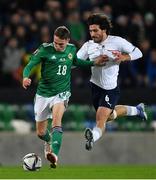15 November 2021; Gavin Whyte of Northern Ireland and Sandro Tonali of Italy during the FIFA World Cup 2022 Qualifier match between Northern Ireland and Italy at the National Football Stadium at Windsor Park in Belfast. Photo by Ramsey Cardy/Sportsfile