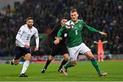 15 November 2021; George Saville of Northern Ireland in action against Domenico Berardi of Italy during the FIFA World Cup 2022 Qualifier match between Northern Ireland and Italy at the National Football Stadium at Windsor Park in Belfast. Photo by Ramsey Cardy/Sportsfile