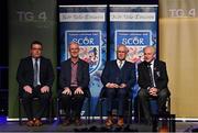 20 November 2021; Pat Malone of Éire Óg in Cork is presented with his Gradaim as Seirbhís Fhada award by Chathaoirleach Choiste Náisiúnta Scór Tomás Ó Muirí, left, and Leinster GAA Chairman Pat Teehan, second from left, and Connacht GAA Council President John Murphy, right, during the Scór Sinsir 2020 All-Ireland Finals at the Connacht GAA Air Dome in Bekan, Mayo. Photo by Piaras Ó Mídheach/Sportsfile