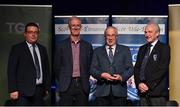 20 November 2021; Seán Malone of Allenwood in Kildare is presented with his Gradaim as Seirbhís Fhada award by Chathaoirleach Choiste Náisiúnta Scór Tomás Ó Muirí, left, and Leinster GAA Chairman Pat Teehan, second from left, and Connacht GAA Council President John Murphy, right, during the Scór Sinsir 2020 All-Ireland Finals at the Connacht GAA Air Dome in Bekan, Mayo. Photo by Piaras Ó Mídheach/Sportsfile