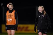 23 November 2021; Amber Barrett, right, and Megan Connolly during a Republic of Ireland training session at the FAI National Training Centre in Abbotstown, Dublin. Photo by Stephen McCarthy/Sportsfile