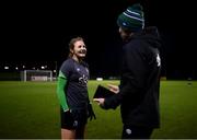 23 November 2021; Kyra Carusa speaks with assistant manager Tom Elms during a Republic of Ireland training session at the FAI National Training Centre in Abbotstown, Dublin. Photo by Stephen McCarthy/Sportsfile