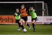24 November 2021; Megan Connolly with Roma McLaughlin, left, and Ruesha Littlejohn, right, during a Republic of Ireland Women training session FAI National Training Centre in Abbotstown, Dublin. Photo by Stephen McCarthy/Sportsfile